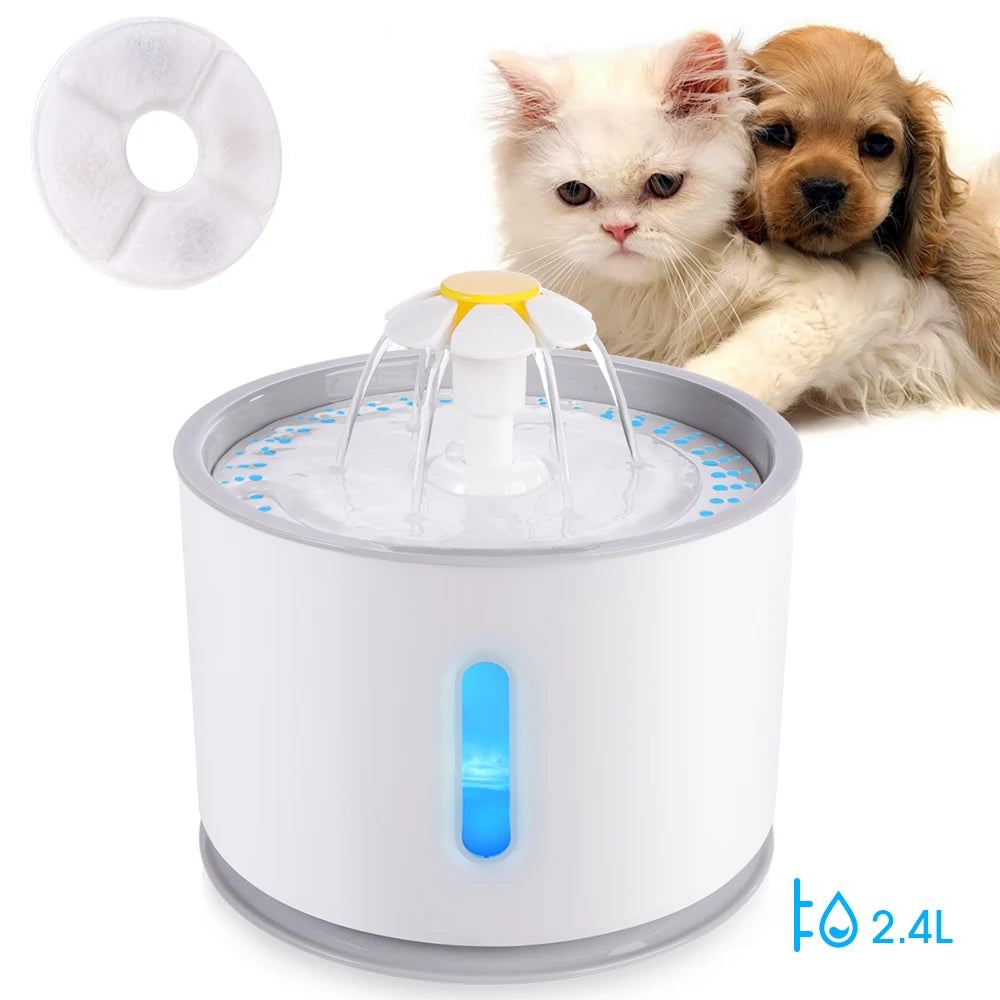 Automatic Pet Water Fountain with LED Lighting 5 Pack Filters 2.4L USB Dogs Cats Mute Drinker Feeder Bowl Drinking Dispenser