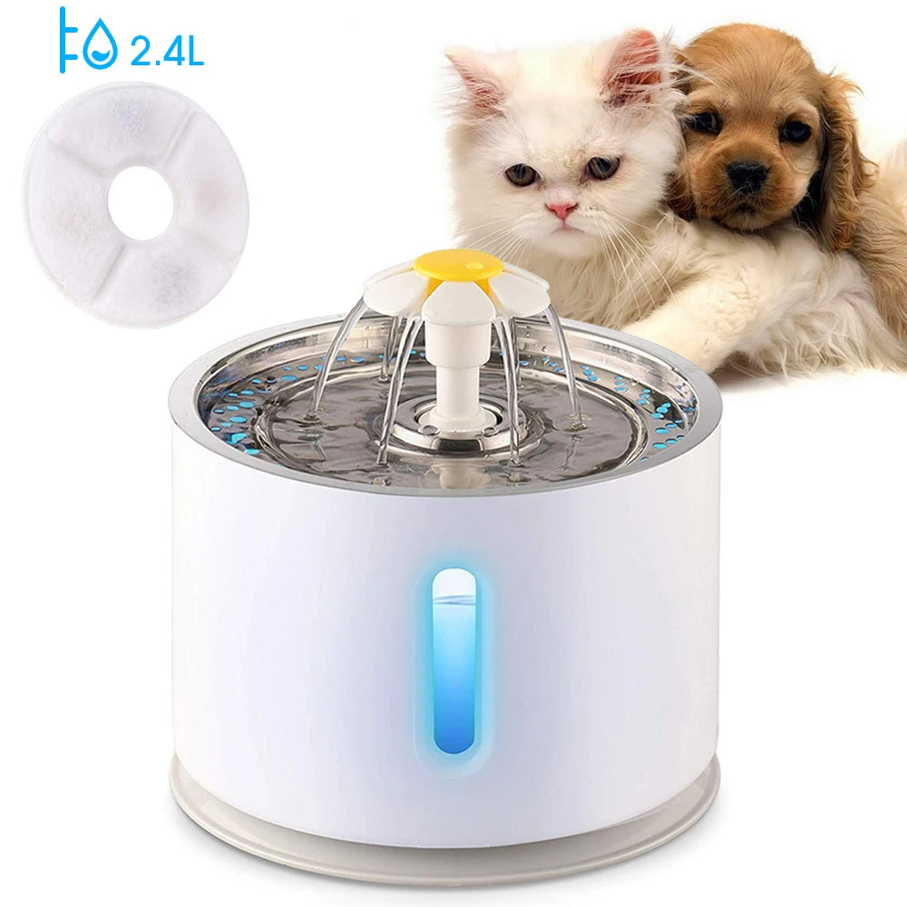 Automatic Pet Water Fountain with LED Lighting 5 Pack Filters 2.4L USB Dogs Cats Mute Drinker Feeder Bowl Drinking Dispenser