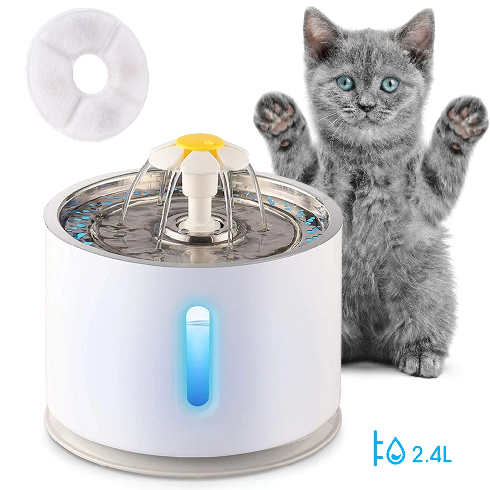 Automatic Pet Water Fountain with LED Lighting 5 Pack Filters 2.4L USB Dogs Cats Mute Drinker Feeder Bowl Drinking Dispenser