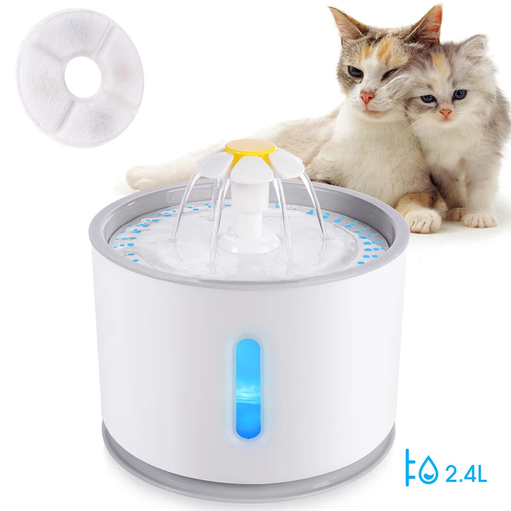Automatic Pet Water Fountain with LED Lighting 5 Pack Filters 2.4L USB Dogs Cats Mute Drinker Feeder Bowl Drinking Dispenser
