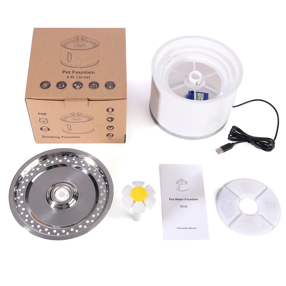 Automatic Pet Water Fountain with LED Lighting 5 Pack Filters 2.4L USB Dogs Cats Mute Drinker Feeder Bowl Drinking Dispenser