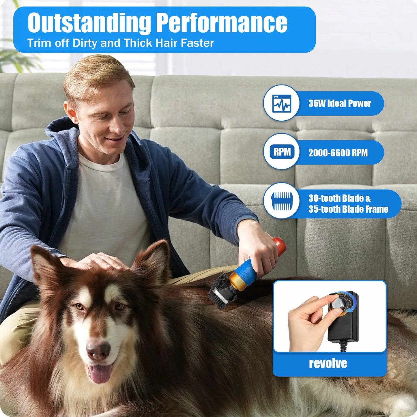 36W Professional Dog Clipper & Cat Hair Trimmer Pet Grooming Kit Adjustable Clipper Comb & Detachable Blades Trimmer