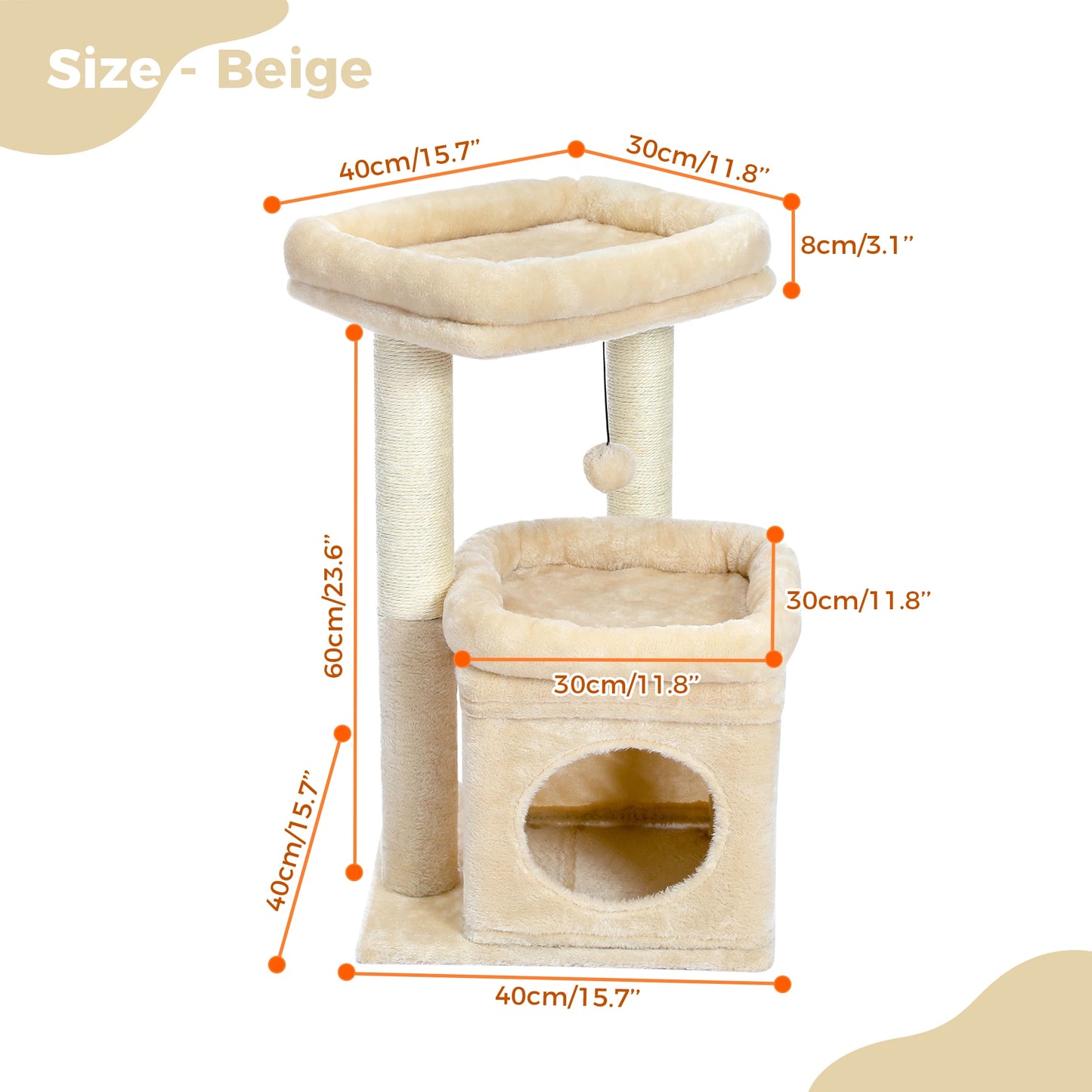 Cat Tree Cat Tower with Cozy Condo, Wide Top Perch,Natural Sisal Posts, Soft Plush,Playful Pom-Pom Suitable for 1-2 Indoor Cats