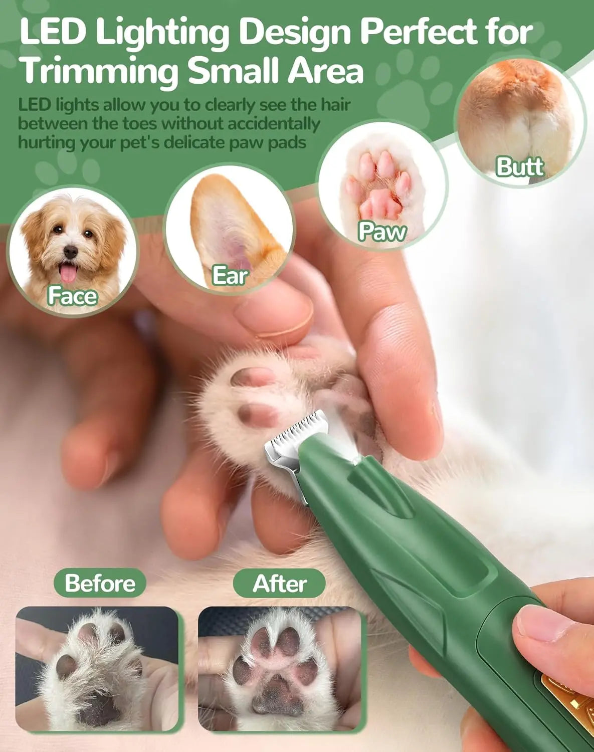 LED Light Dog Paw Trimmer, 2-Speed Low Noise Pet Clipper for Grooming Small Dogs and Cats Around Paws, Eyes, Ears, Face