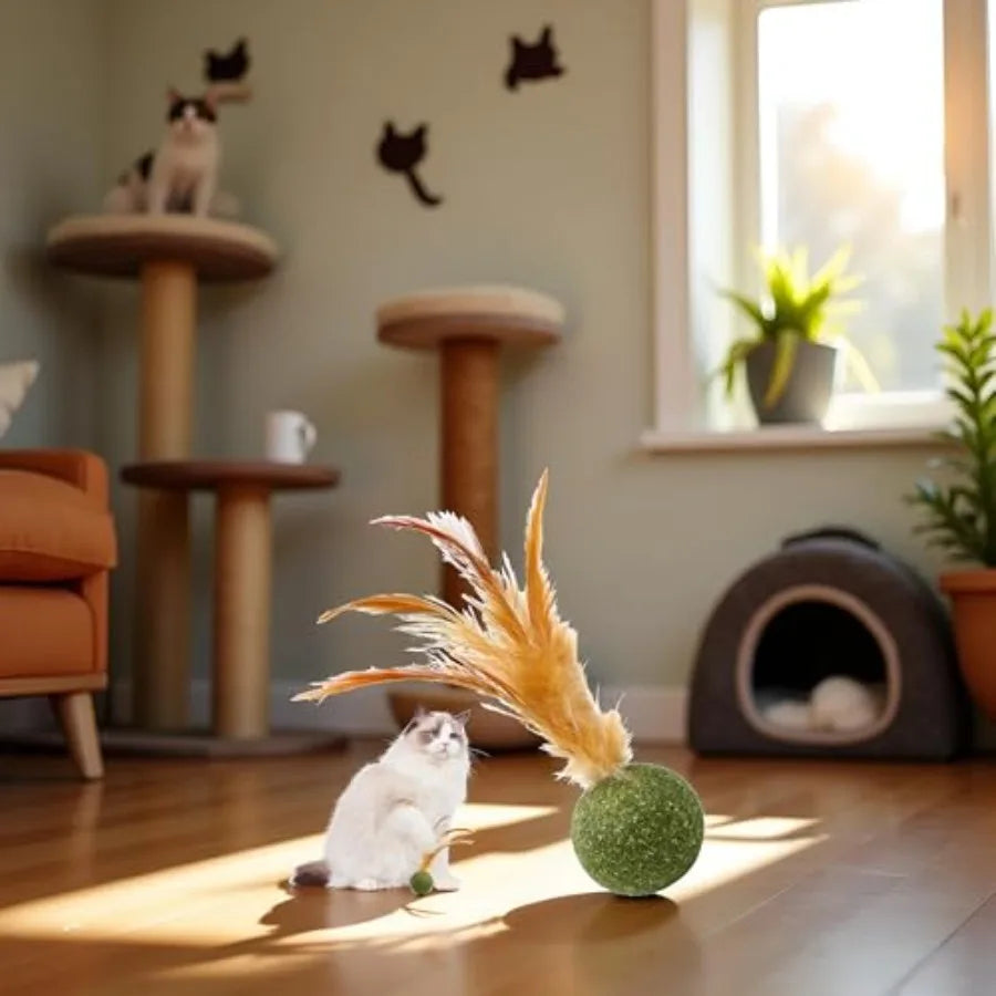 Interactive Catnip Feather Ball Toy for Kittens - Edible Safe Chew Teeth Cleaning Fun Natural Catnip Filled Soft Feather Textur