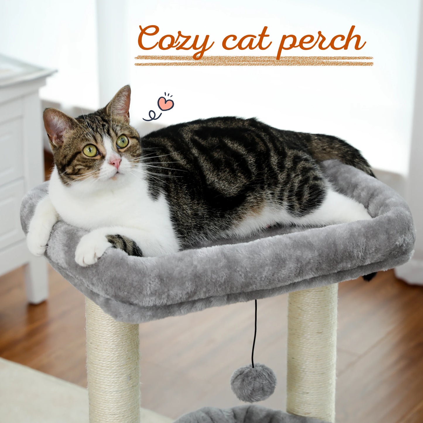 Cat Tree Cat Tower with Cozy Condo, Wide Top Perch,Natural Sisal Posts, Soft Plush,Playful Pom-Pom Suitable for 1-2 Indoor Cats