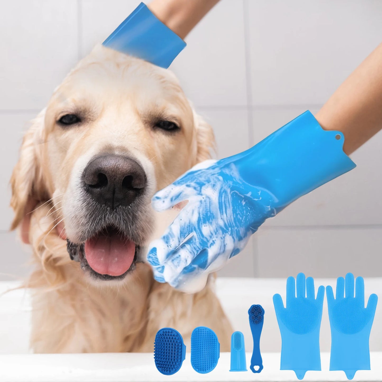 6PCS Pet Grooming Kit Silicone Dog Bath Brush Dog Toothbrush Finger Dog Bath Gloves Pet Grooming Gloves Dog Cat Bath Supplies