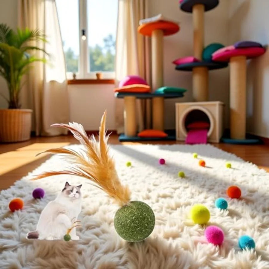 Interactive Catnip Feather Ball Toy for Kittens - Edible Safe Chew Teeth Cleaning Fun Natural Catnip Filled Soft Feather Textur