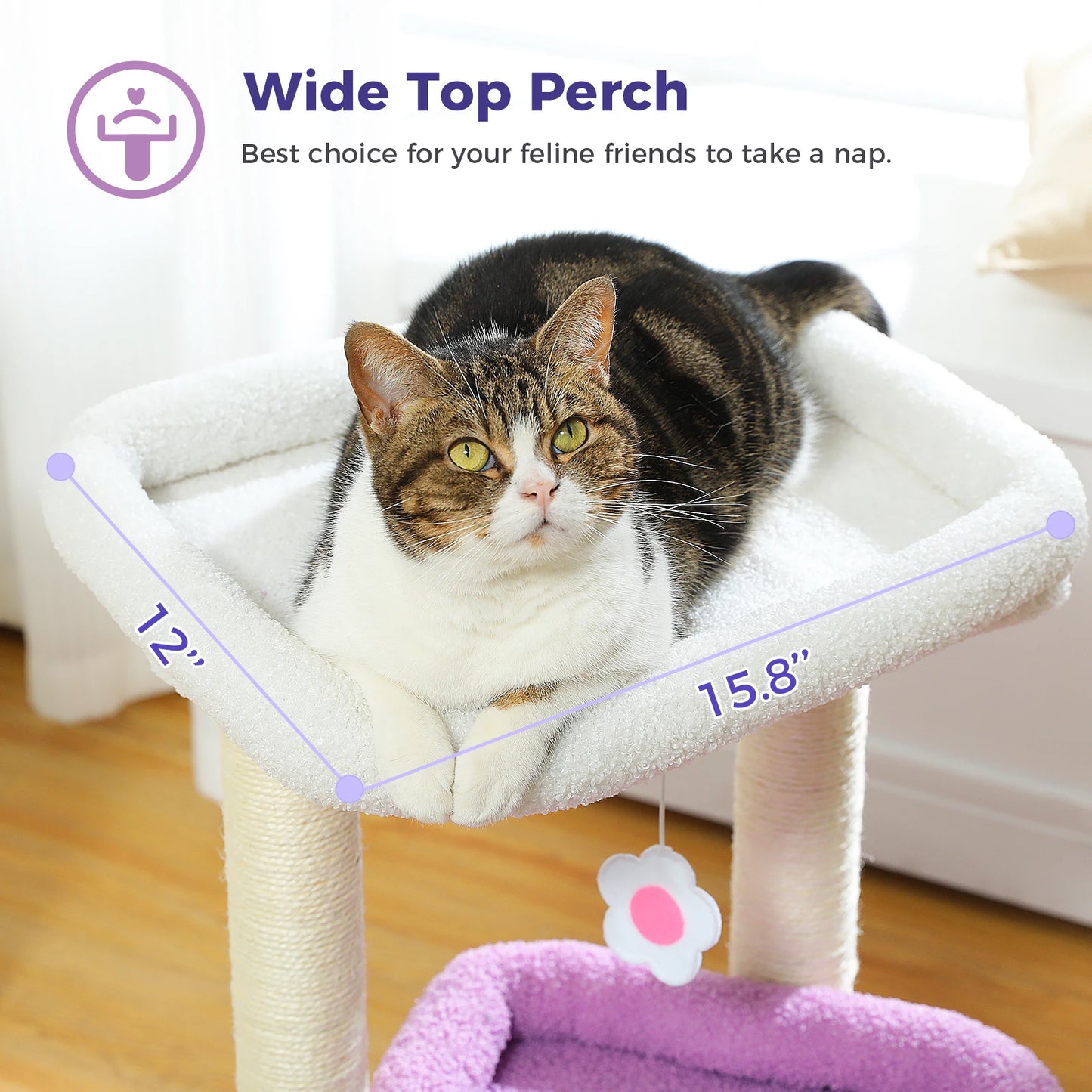 Cat Tree Cat Tower with Cozy Condo, Wide Top Perch,Natural Sisal Posts, Soft Plush,Playful Pom-Pom Suitable for 1-2 Indoor Cats
