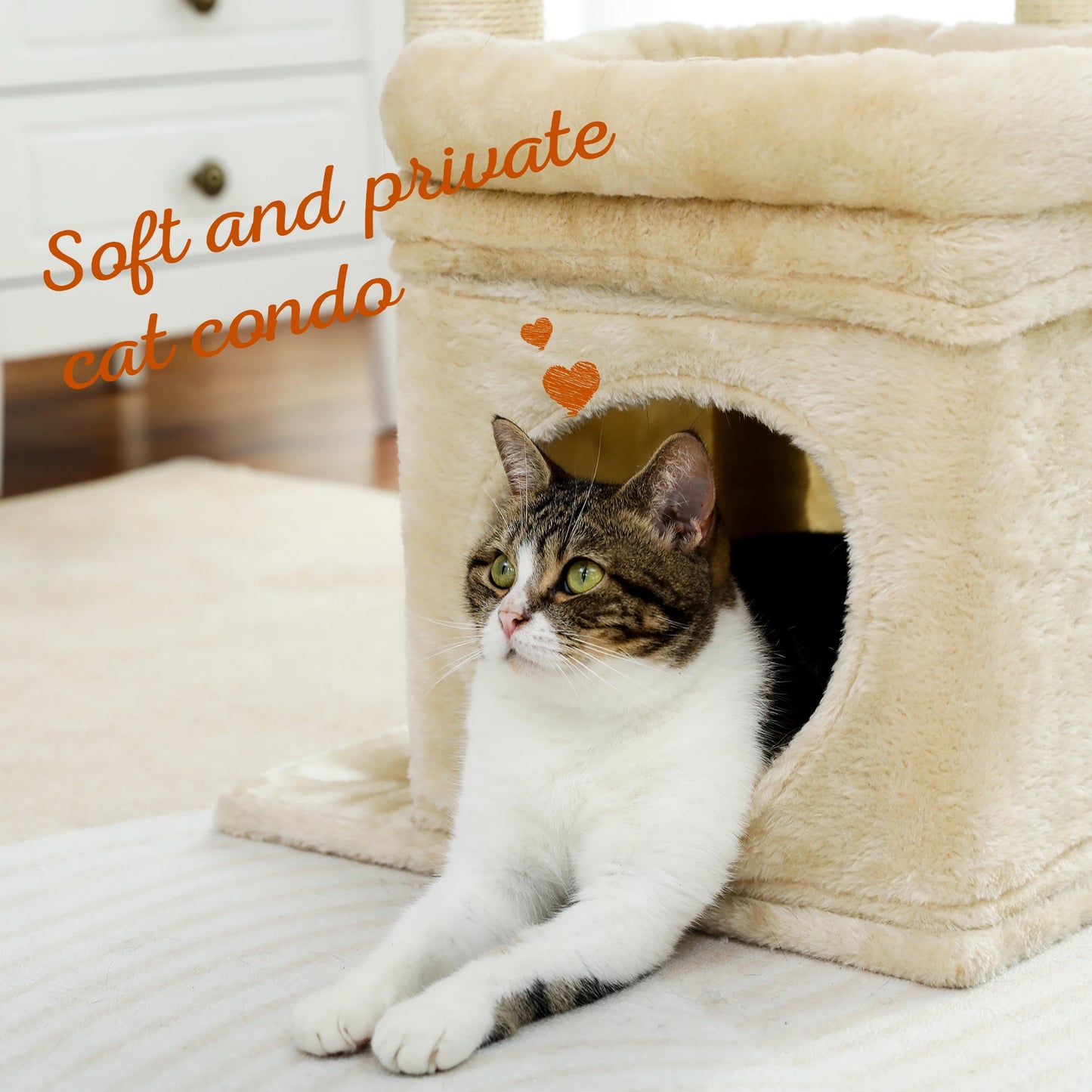 Cat Tree Cat Tower with Cozy Condo, Wide Top Perch,Natural Sisal Posts, Soft Plush,Playful Pom-Pom Suitable for 1-2 Indoor Cats